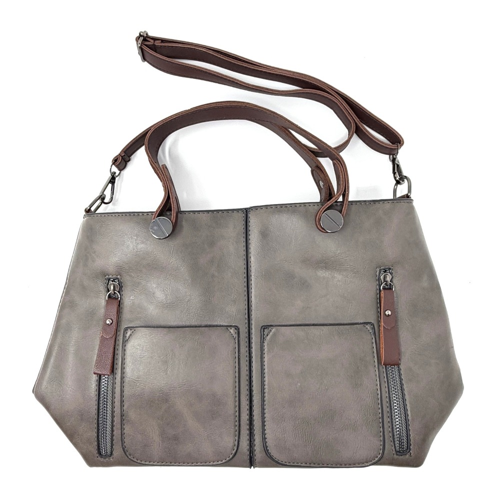 Gray Leather Tote Bag Brown Strap Large Zip Pocket Shoulder Bag‎